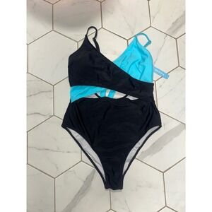 Popvil Black Turquoise Colorblock Cutout One Piece Swimsuit Monokini XL NWT